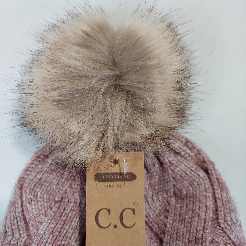 Braided Winter Hat Womens Mauve Knit Beanie Stretch Faux Fur Pom